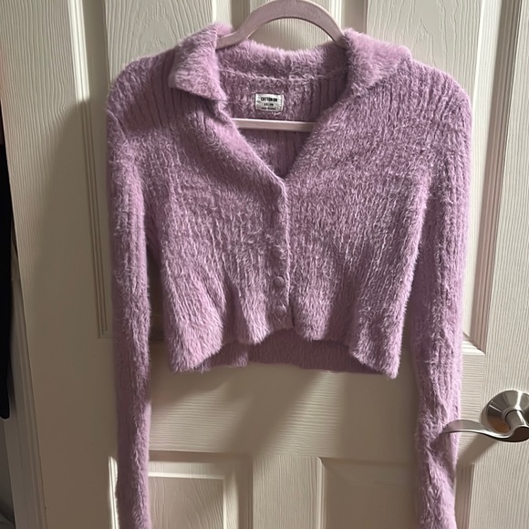 cotton on cropped fluffy pink/purple button up collared sweater top - Picture 1 of 1